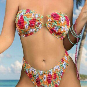 New WDIRARA Orange‎ Floral U Ring Bandeau Bikini Size Medium